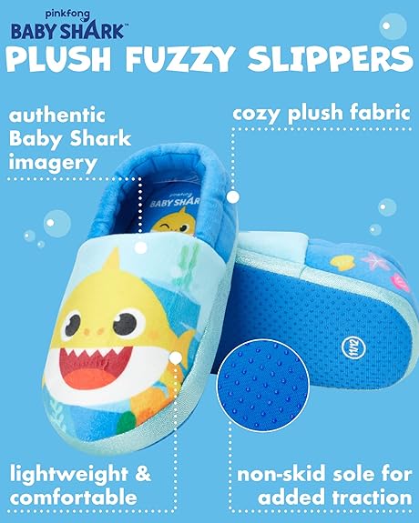 Nickelodeon Toddler Boys' and Girls’ Baby Shark Slippers - Plush Fuzzy Slippers, Non-Skid Sole (Toddler/Kid)