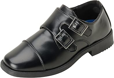 Zapatos de vestir para niño Josmo: mocasines Oxford con puntera con hebilla doble y cierre de velcro (niño pequeño/niño grande), talla 7 para niños pequeños, color negro