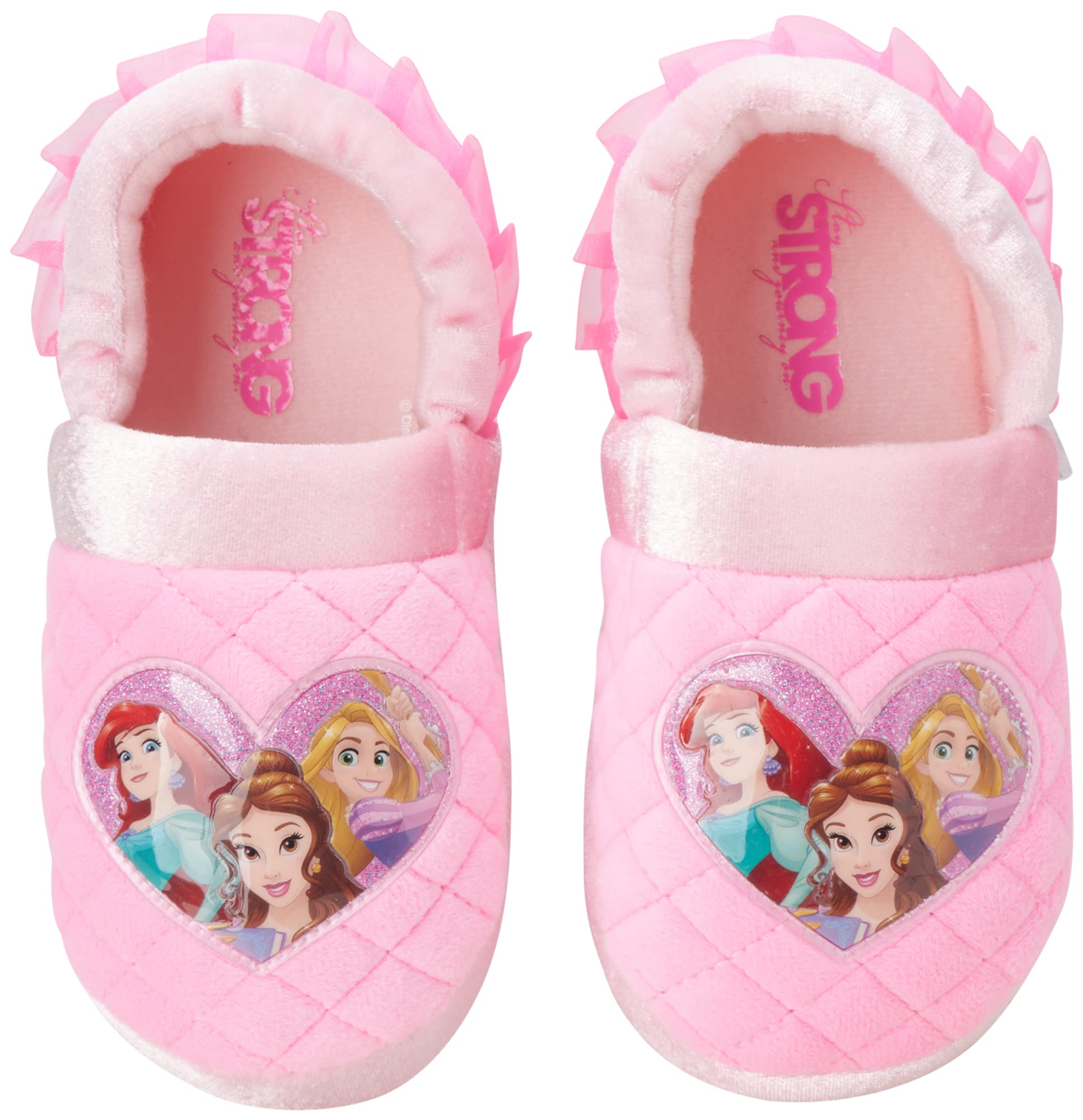 Disney Princess Slippers Cinderella Jasmine Ariel Rapunzel Tianna Belle - Plush Lightweight Warm Comfort Soft Aline Girls toddler House Slipper - Pink Bow (Toddler - Little Kid)