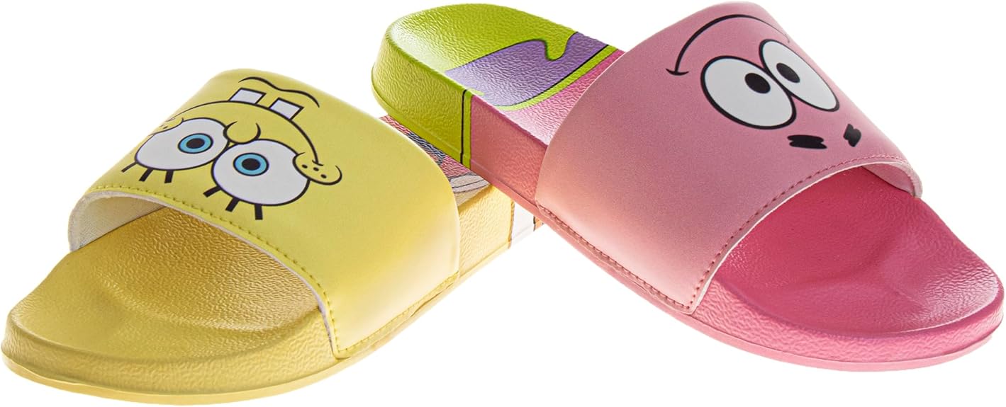 Josmo Spongebob Slide Open Toe Kids - Sponge Bob and Patrick Star Sandals SlipOn Slides for Boys and Girls Size little kid - big kid