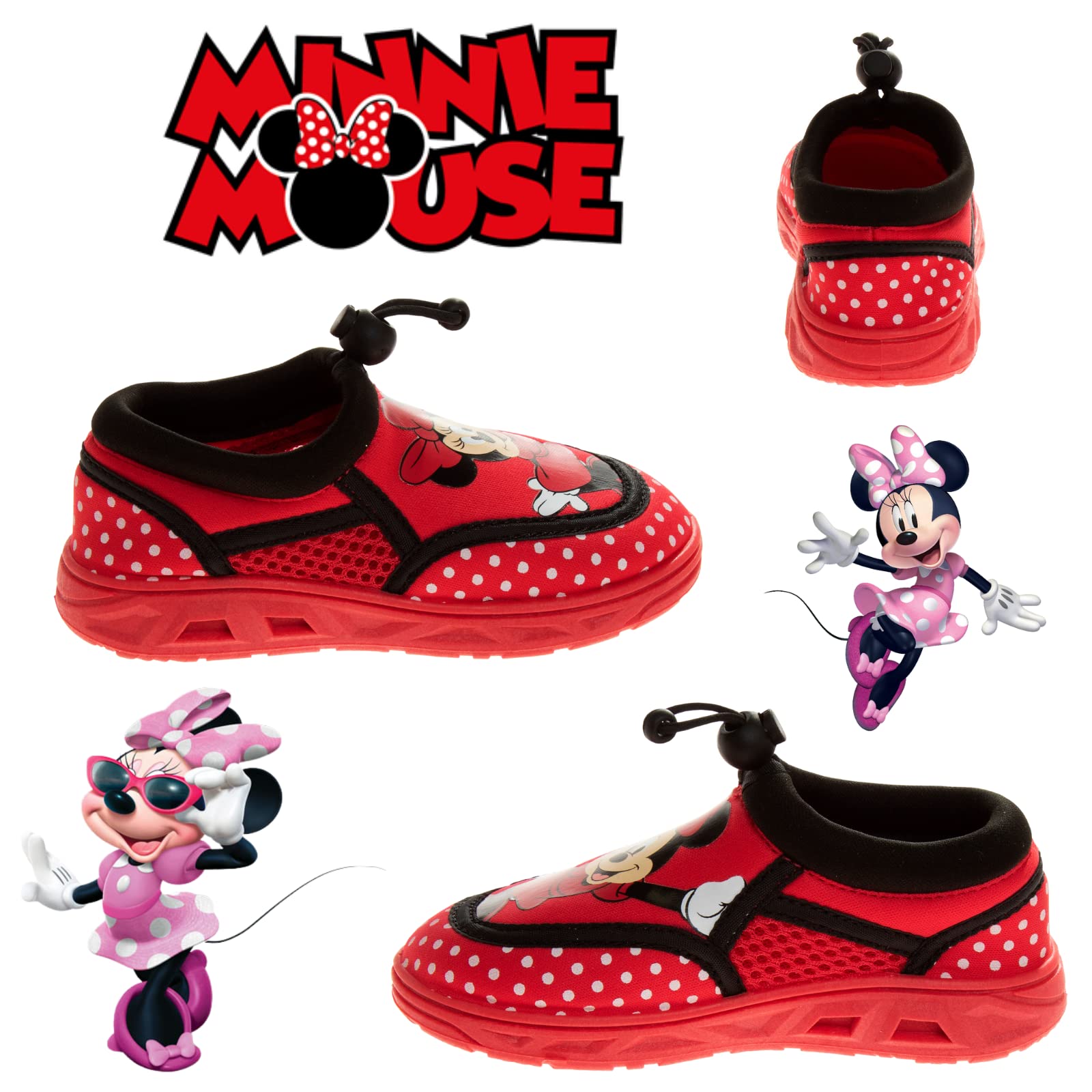 Zapatos acuáticos de Minnie Mouse de Disney - Calcetines acuáticos para piscina para niños - Sandalias de princesa con cordones elásticos impermeables para playa, toboganes deportivos de verano sin cordones de secado rápido (para niños pequeños/bebés)