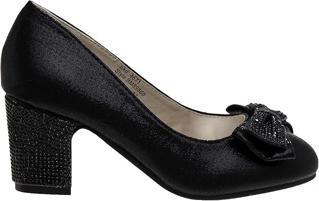 Zapatos de tacón de punta cerrada con lazo de Badgley Mischka: zapatos de vestir de tacón de moda con diamantes de imitación para niñas, color negro (talla 12 para niñas pequeñas)