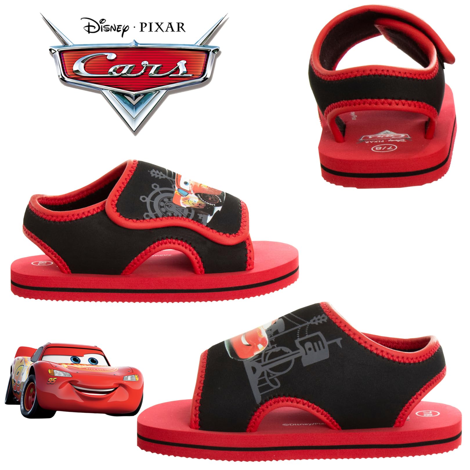 Josmo Cars Sandals Open Toe Adjustable Straps Waterproof Slides - Lightning McQueen Character Slip On Water Shoes - Black Red (Toddler - Little Kid)