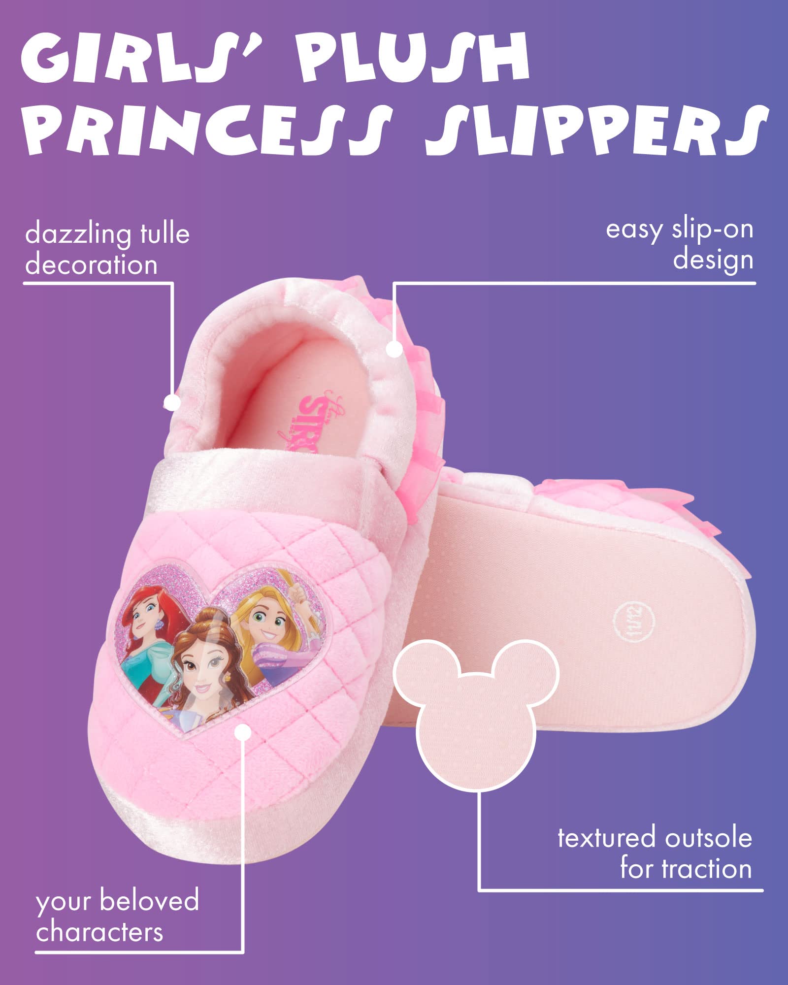 Disney Princess Slippers Cinderella Jasmine Ariel Rapunzel Tianna Belle - Plush Lightweight Warm Comfort Soft Aline Girls toddler House Slipper - Pink Bow (Toddler - Little Kid)