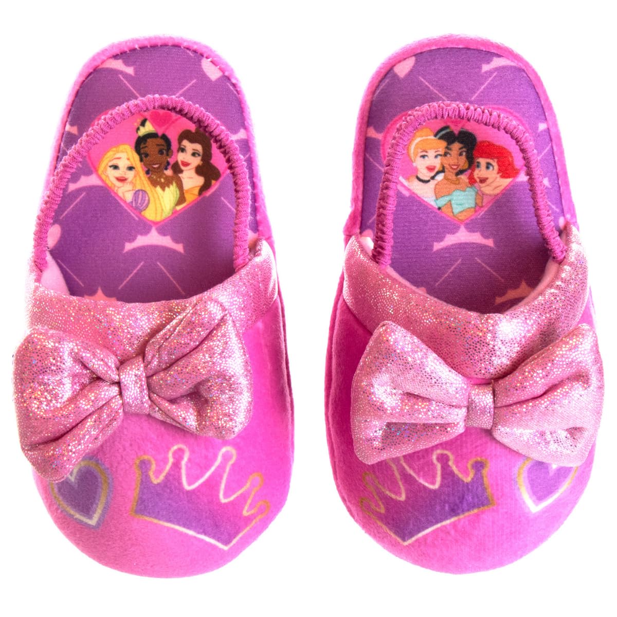 Disney Princess Slippers Cinderella Jasmine Ariel Rapunzel Tianna Belle - Plush Lightweight Warm Comfort Soft Aline Girls toddler House Slipper - Pink Bow (Toddler - Little Kid)