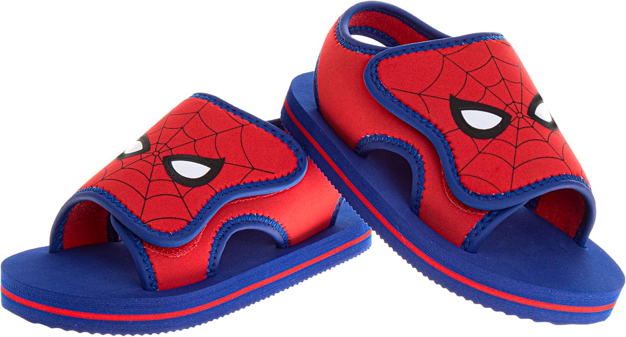 Josmo Kids SpiderMan Sandals Open Toe Adjustable Strap Closure - Spidey Character Hero Water Shoe SlipOn Slides for Boys (Sizes: 5-10 Toddler / 11-12 Little Kid)