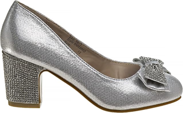 Zapatos de tacón de punta cerrada con lazo de Badgley Mischka: zapatos de vestir de tacón de moda con diamantes de imitación para niñas, color negro (talla 12 para niñas pequeñas)