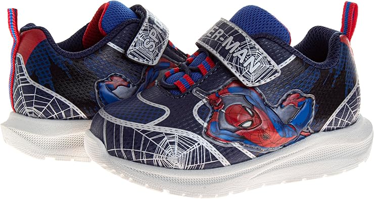 Zapatillas de deporte sin cordones de Spider Man de Marvel para niños - Zapatillas de deporte casuales con cierre de correa fácil de poner y quitar de Spiderman - Azul rojo (talla para niños pequeños)