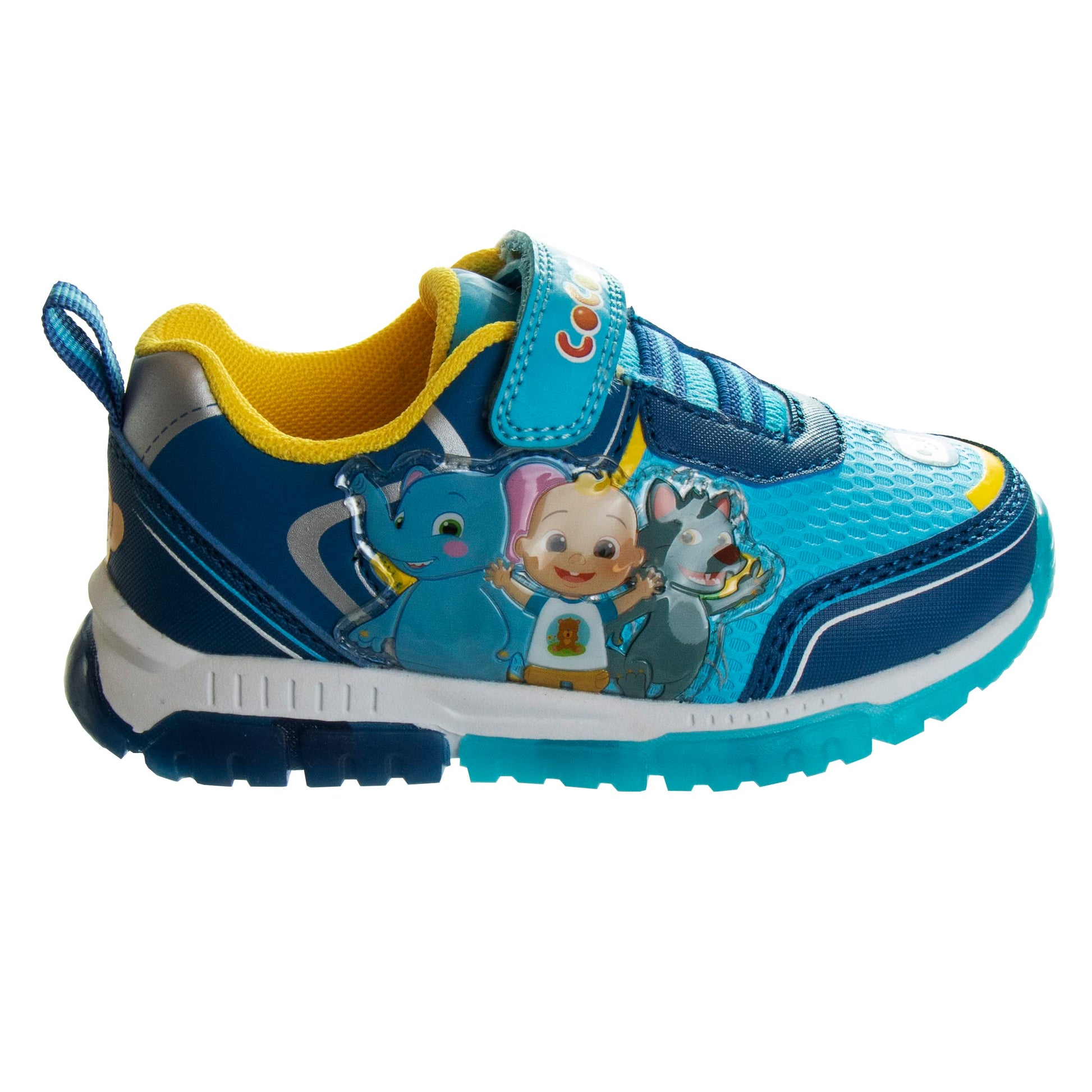 Josmo Boys Cocomelon Shoes - Zapatillas deportivas de tenis para niños unisex Cocomelon JJ sin cordones y con luces para niños pequeños (azul/amarillo/azul marino) 