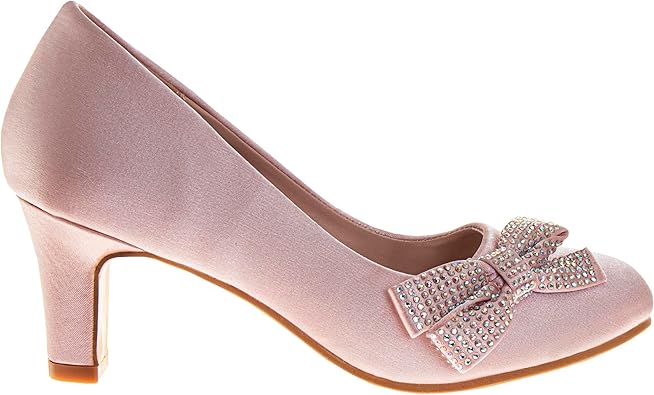 Zapatos de tacón de punta cerrada con lazo de Badgley Mischka: zapatos de vestir de tacón de moda con diamantes de imitación para niñas, color negro (talla 12 para niñas pequeñas)