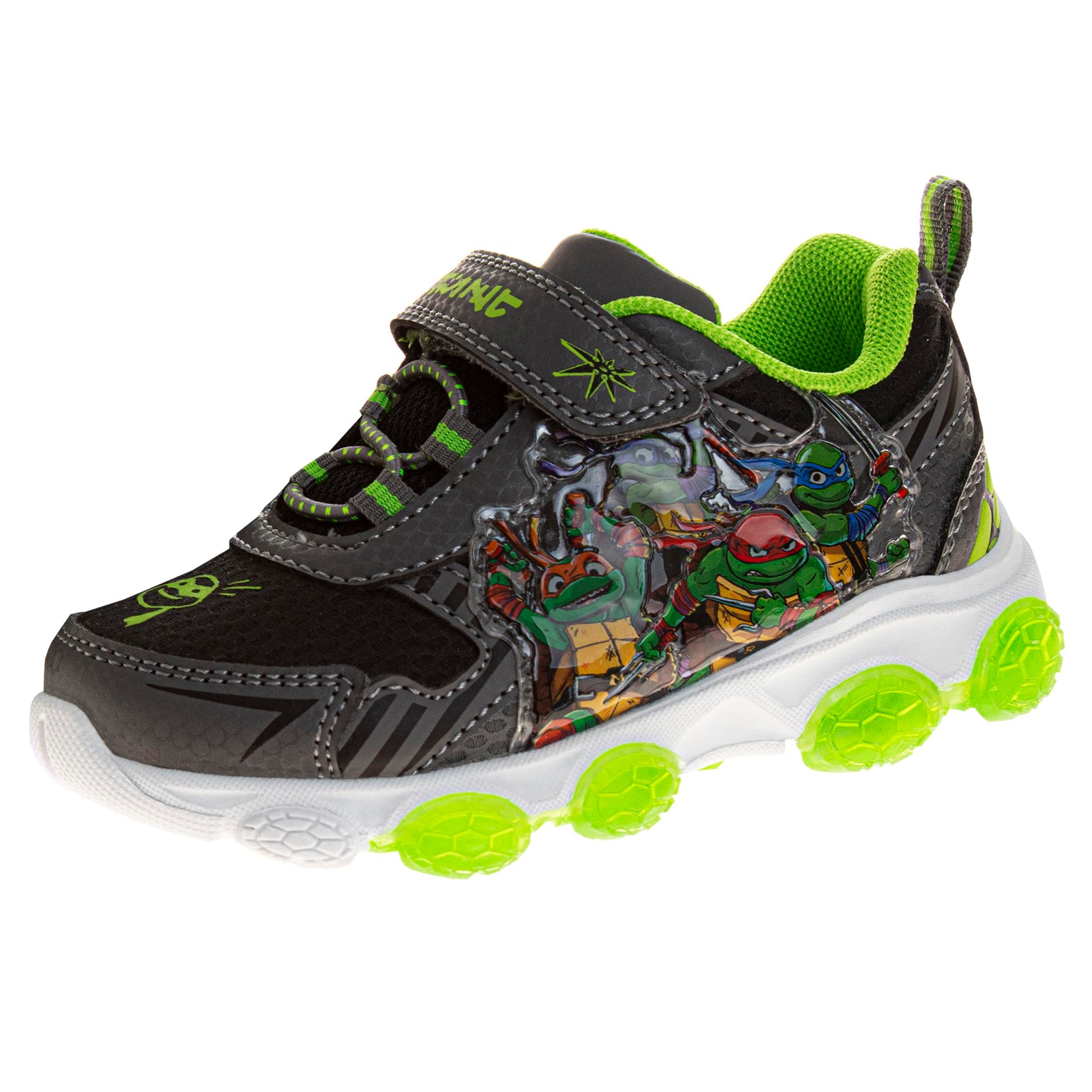 Zapatillas sin cordones con luces LED de las Tortugas Ninja mutantes adolescentes - Zapatillas TMNT de Leonardo, Donatello, Raphael, Michelangelo para niños - Negro y verde (niños pequeños)