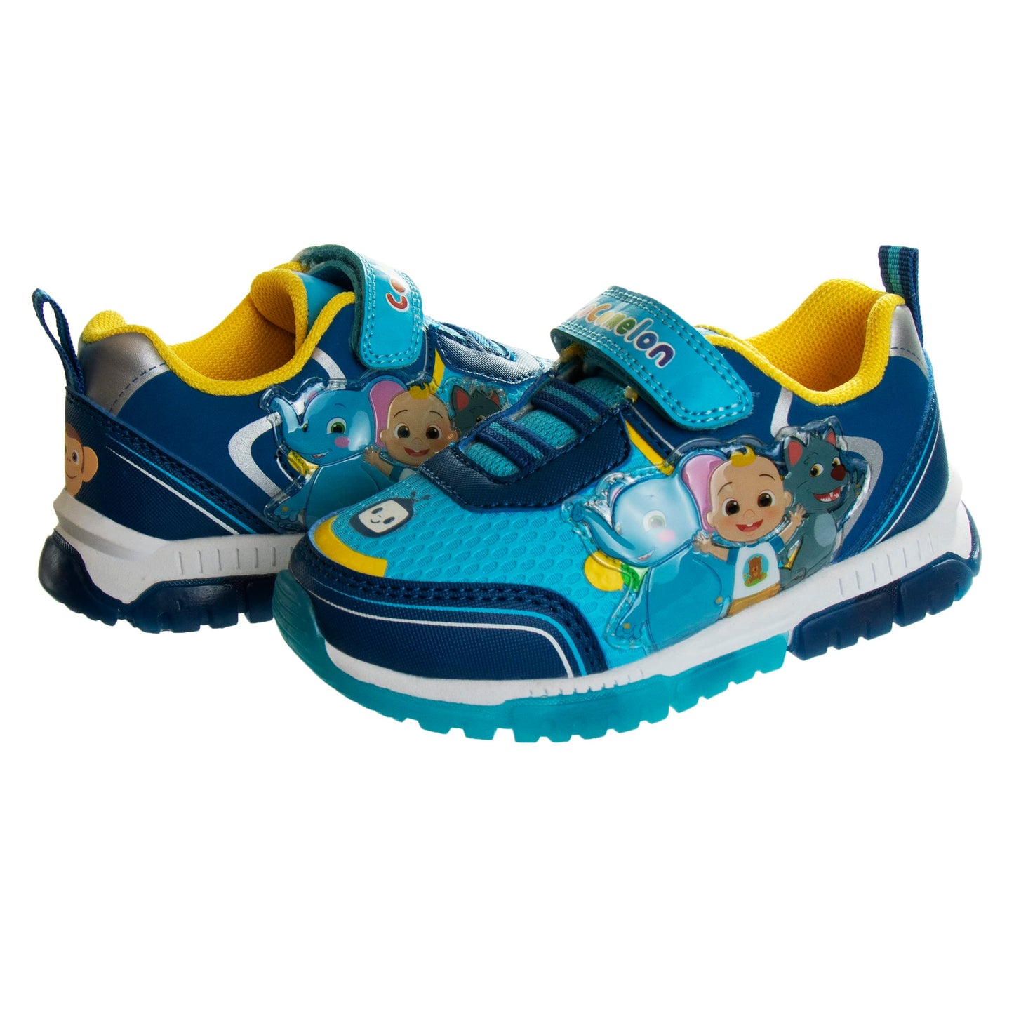 Josmo Boys Cocomelon Shoes - Zapatillas deportivas de tenis para niños unisex Cocomelon JJ sin cordones y con luces para niños pequeños (azul/amarillo/azul marino) 