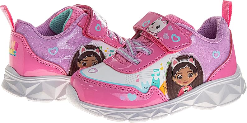 Zapatillas de casa de muñecas con luz LED y cierre fácil de correa de Gabby - Zapatos de gatito ligeros con luz y cierre sin cordones de Gabby - Rosa y blanco (para niños pequeños)