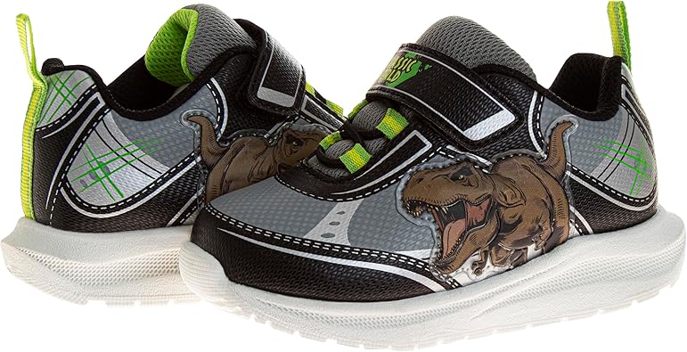 Jurassic World Sneakers with Easy Strap - Dinosaur T-Rex Shoes Laceless Closure Lightweight Jurassic Park sneaker - Black Grey (Toddler - Little Kids)