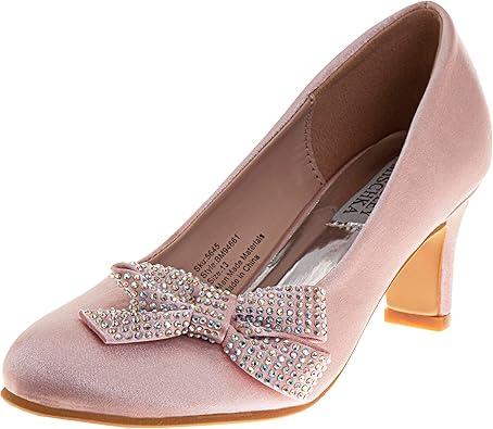 Zapatos de tacón de punta cerrada con lazo de Badgley Mischka: zapatos de vestir de tacón de moda con diamantes de imitación para niñas, color negro (talla 12 para niñas pequeñas)