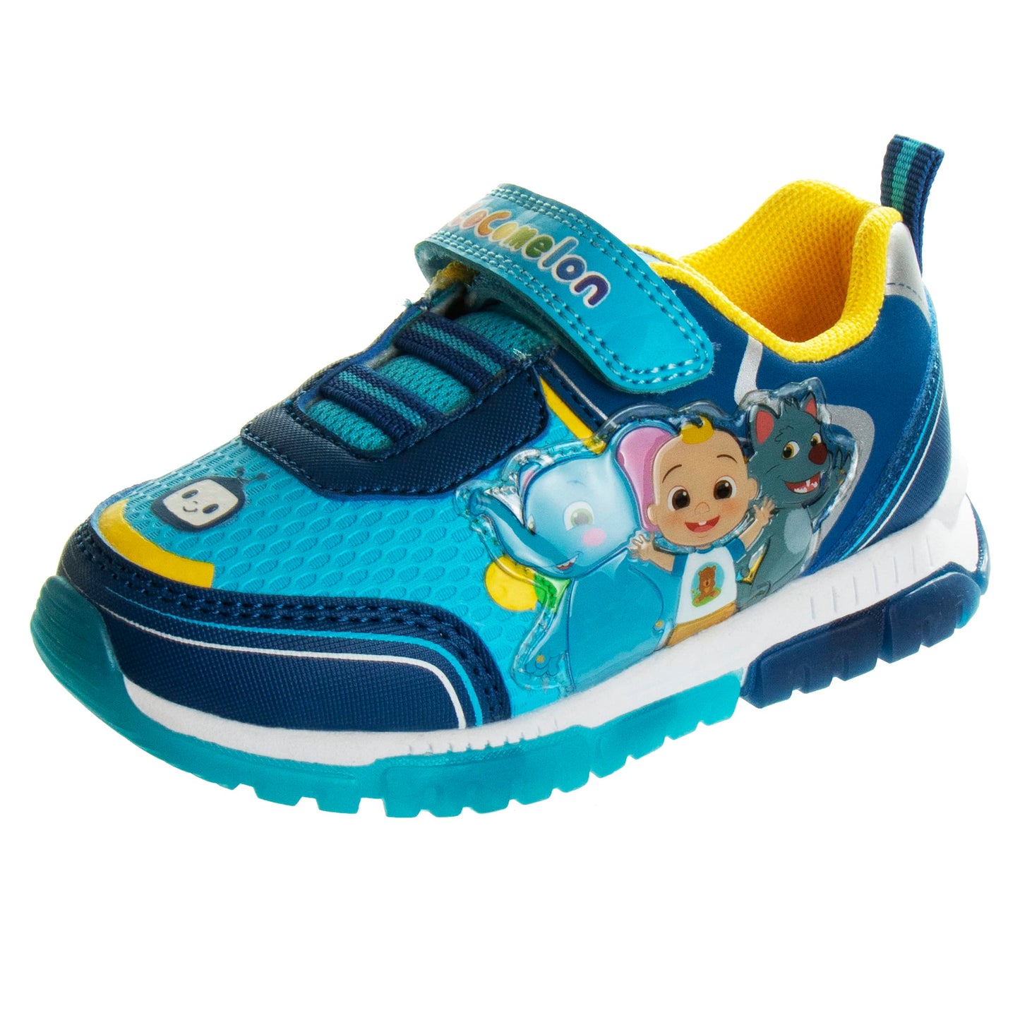 Josmo Boys Cocomelon Shoes - Zapatillas deportivas de tenis para niños unisex Cocomelon JJ sin cordones y con luces para niños pequeños (azul/amarillo/azul marino) 