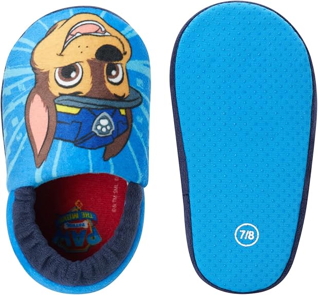 Pantuflas de Paw Patrol de Nickelodeon - Zapatillas de casa para niños Chase y Marshall - Pantuflas de casa suaves, cálidas y afelpadas para interiores - Orejas 3D azules (para niños pequeños)