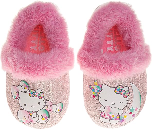 Josmo Hello Kitty slippers for Kids Girls - Kitty White indoor cute house shoes plush fuzzy Cat slipper - White Fuchsia (Toddler - Little Kid - Big Kid)