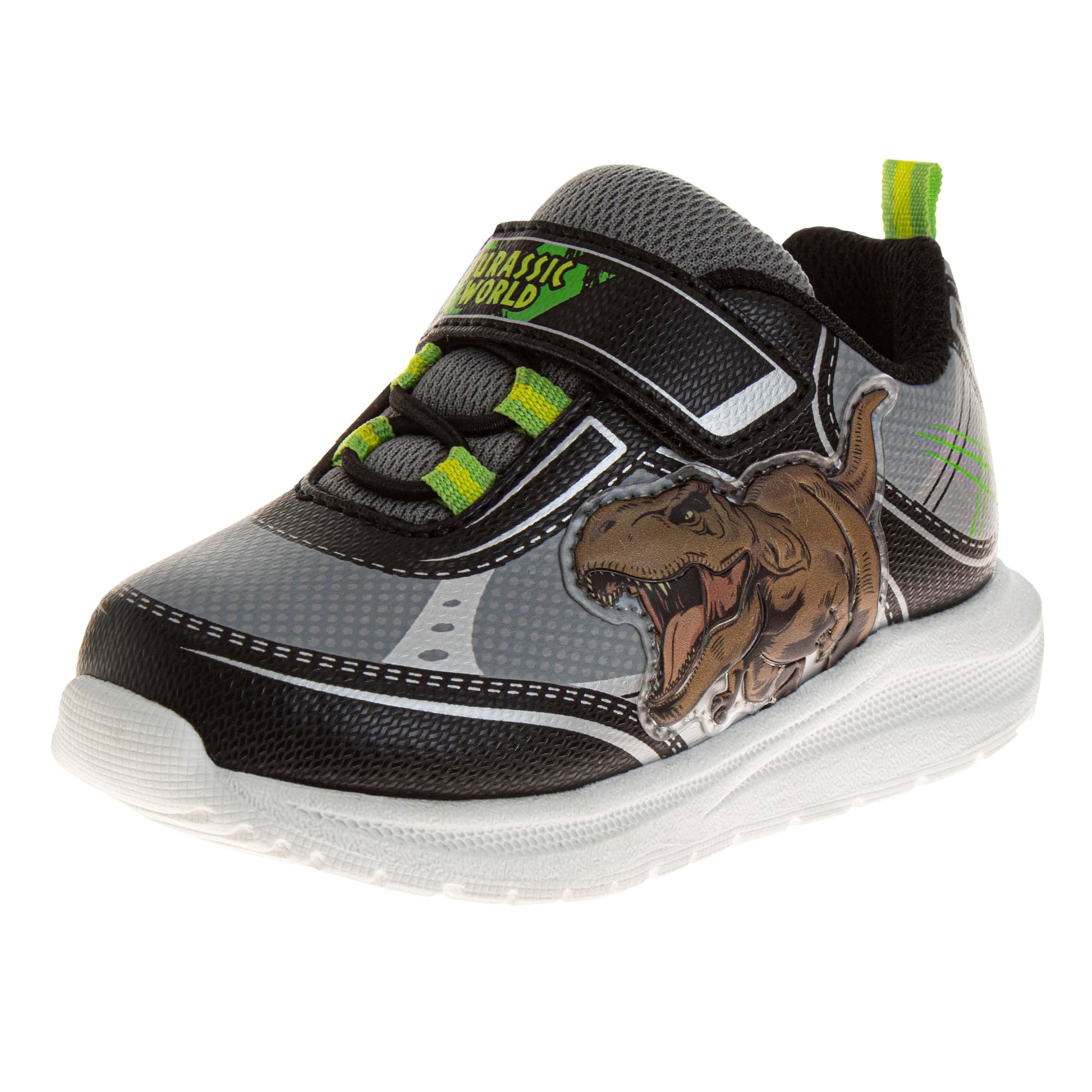 Jurassic World Sneakers with Easy Strap - Dinosaur T-Rex Shoes Laceless Closure Lightweight Jurassic Park sneaker - Black Grey (Toddler - Little Kids)