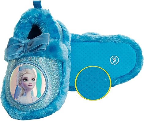 Disney Frozen Slippers Non-Slip Lightweight Comfy - Elsa Anna Fluffy Warm Comfort Soft Aline Plush Girls House Shoes - Ice Blue (Toddler - Little Kid)