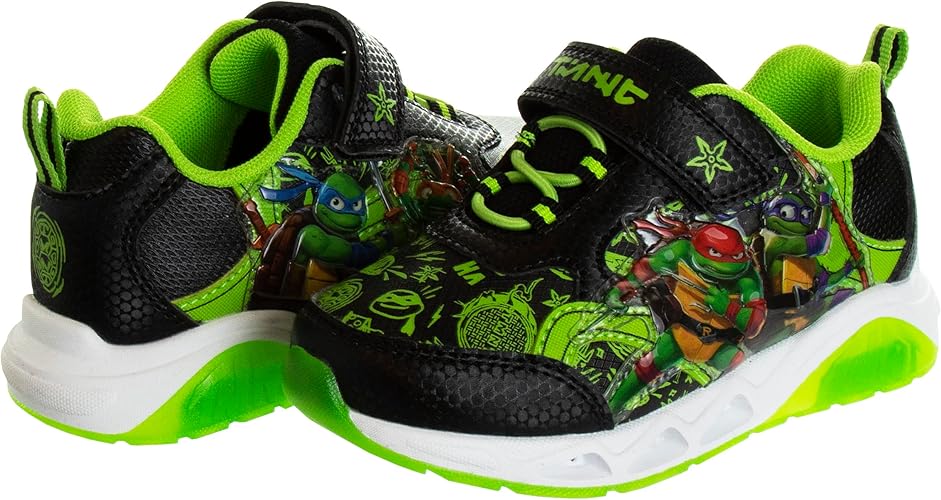 Zapatillas sin cordones con luces LED de las Tortugas Ninja mutantes adolescentes - Zapatillas TMNT de Leonardo, Donatello, Raphael, Michelangelo para niños - Negro y verde (niños pequeños)