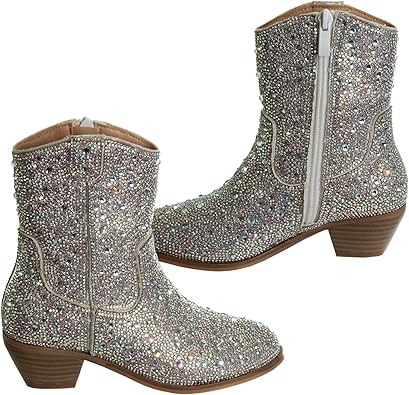 Botas vaqueras con diamantes de imitación para niñas de Badgley Mischka - Botas vaqueras sin cordones con tacón de fiesta para niñas - Negras (talla 13 para niñas pequeñas)