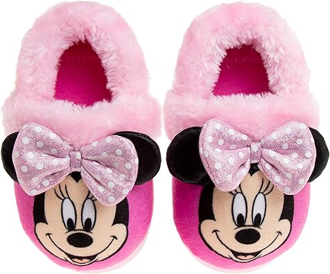 Pantuflas de Minnie Mouse para niñas de Josmo Kids, pantuflas cálidas de felpa para interiores, color fucsia y morado (para bebés y niños pequeños)