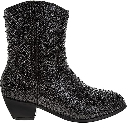 Botas vaqueras con diamantes de imitación para niñas de Badgley Mischka - Botas vaqueras sin cordones con tacón de fiesta para niñas - Negras (talla 13 para niñas pequeñas)