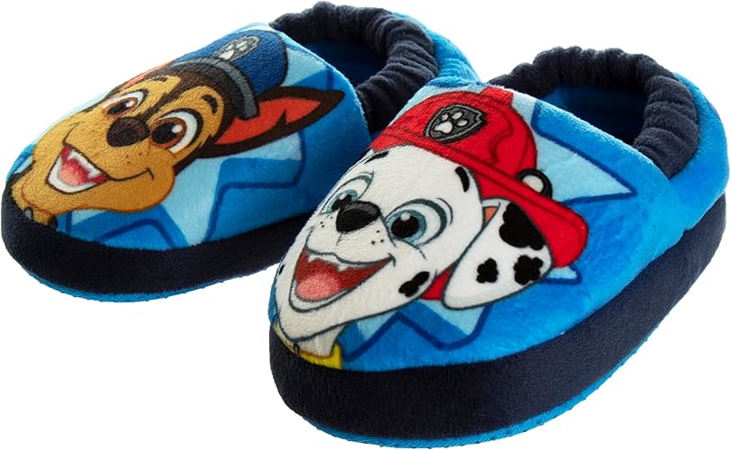 Pantuflas de Paw Patrol de Nickelodeon - Zapatillas de casa para niños Chase y Marshall - Pantuflas de casa suaves, cálidas y afelpadas para interiores - Orejas 3D azules (para niños pequeños)