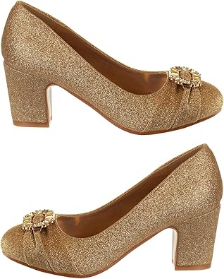 Badgley Mischka Closed Toe Heels for Kids Girls - Block Heel Dress Shoe Pumps with Crystal Frame (Sizes 13-6 Little Kid-Big Kid)