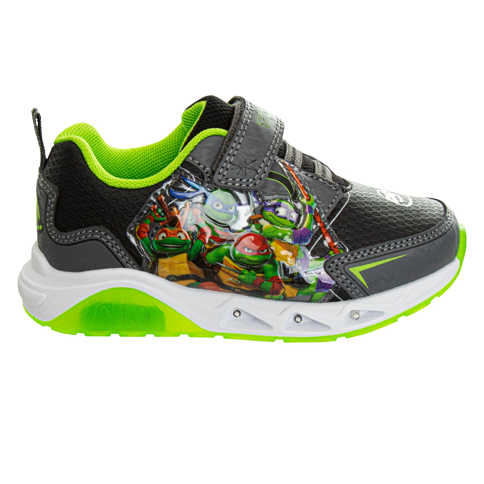 Zapatillas sin cordones con luces LED de las Tortugas Ninja mutantes adolescentes - Zapatillas TMNT de Leonardo, Donatello, Raphael, Michelangelo para niños - Negro y verde (niños pequeños)