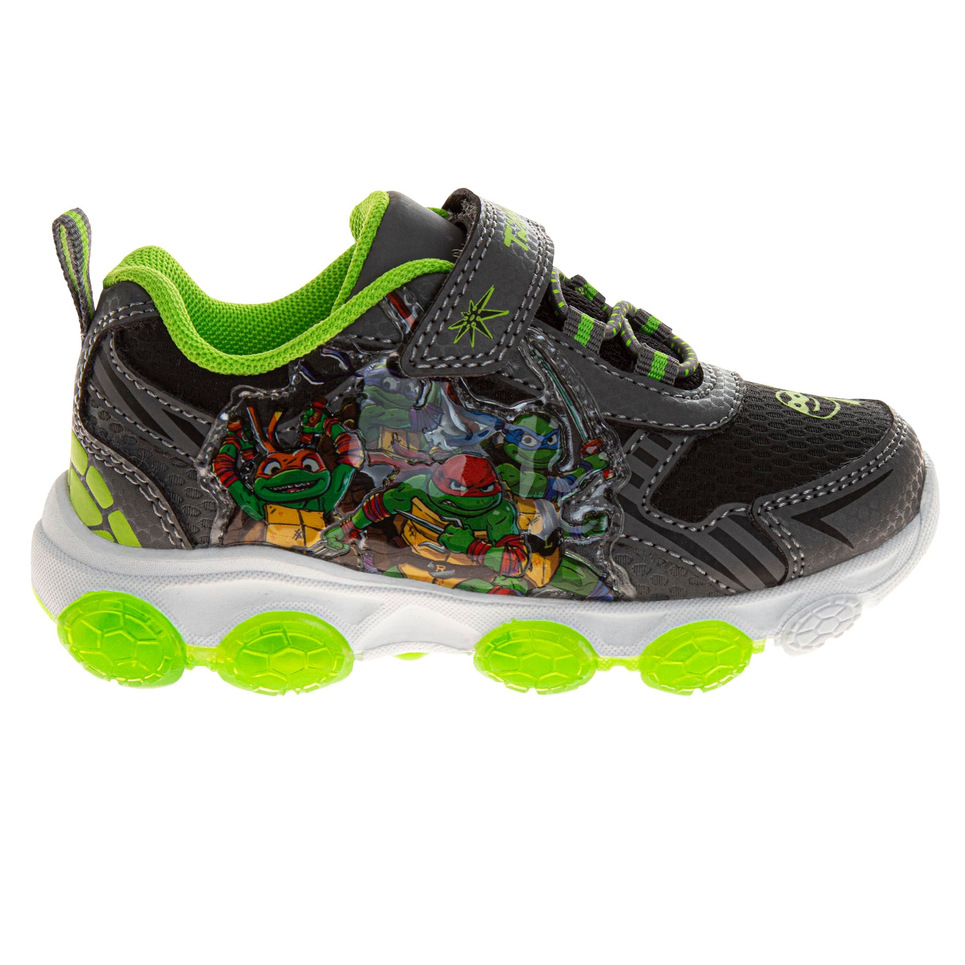 Zapatillas sin cordones con luces LED de las Tortugas Ninja mutantes adolescentes - Zapatillas TMNT de Leonardo, Donatello, Raphael, Michelangelo para niños - Negro y verde (niños pequeños)