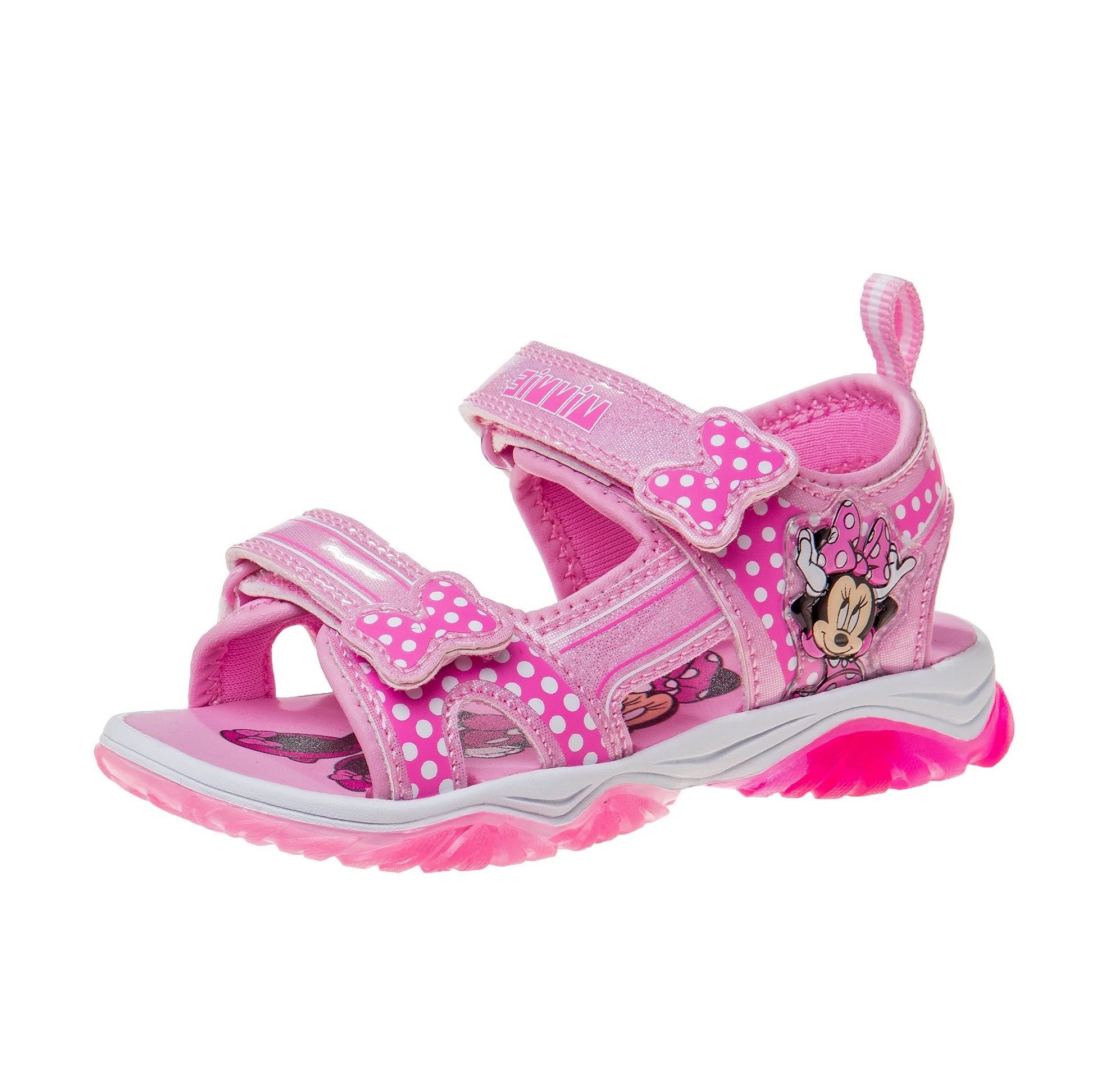 Disney Girls Minnie Mouse Sandals LED Light Up Water Shoes - Open Toe SlipOn Waterproof Adjustable Strap Character Slides - Pink Glitter (Toddler - Little Kid)