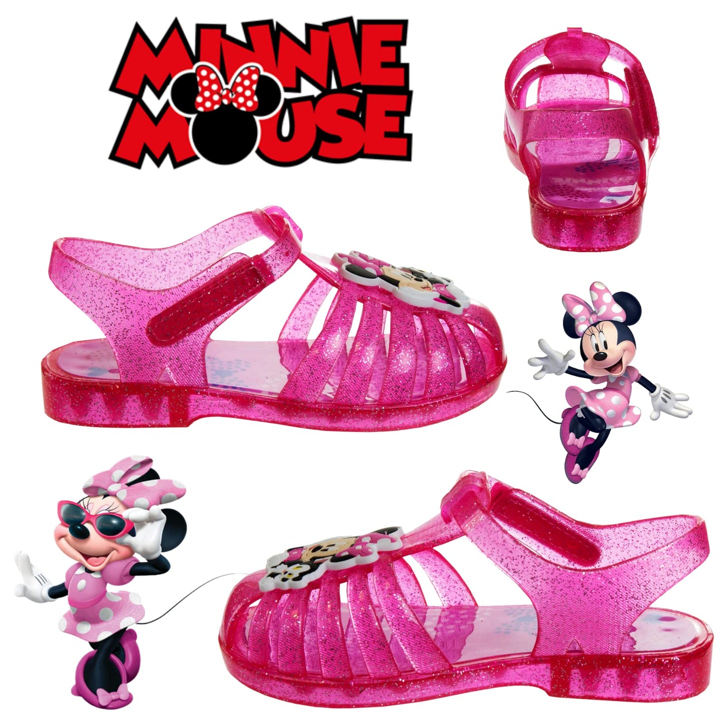 Disney Minnie Mouse Jelly Sandals - Ballet Summer Slides Beach Water Slip On, Pink Glitter (Toddler - Little Kid)