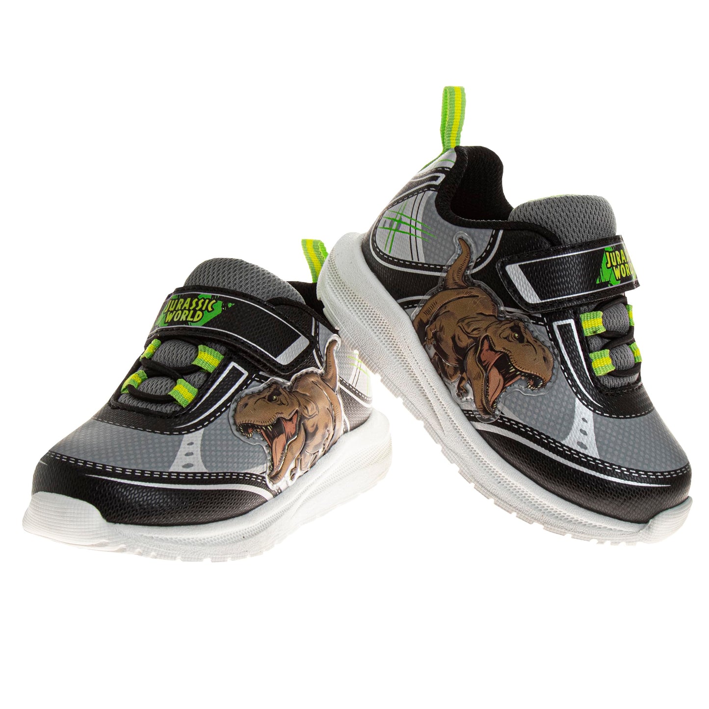 Jurassic World Sneakers with Easy Strap - Dinosaur T-Rex Shoes Laceless Closure Lightweight Jurassic Park sneaker - Black Grey (Toddler - Little Kids)