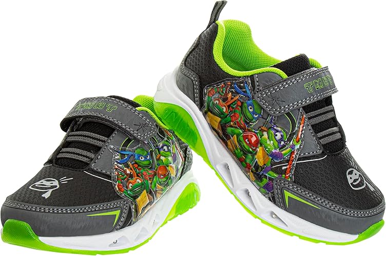 Zapatillas sin cordones con luces LED de las Tortugas Ninja mutantes adolescentes - Zapatillas TMNT de Leonardo, Donatello, Raphael, Michelangelo para niños - Negro y verde (niños pequeños)