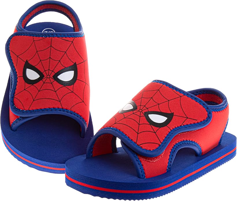 Josmo Kids SpiderMan Sandals Open Toe Adjustable Strap Closure - Spidey Character Hero Water Shoe SlipOn Slides for Boys (Sizes: 5-10 Toddler / 11-12 Little Kid)