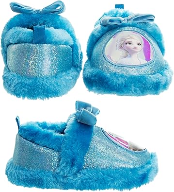 Disney Frozen Slippers Non-Slip Lightweight Comfy - Elsa Anna Fluffy Warm Comfort Soft Aline Plush Girls House Shoes - Ice Blue (Toddler - Little Kid)