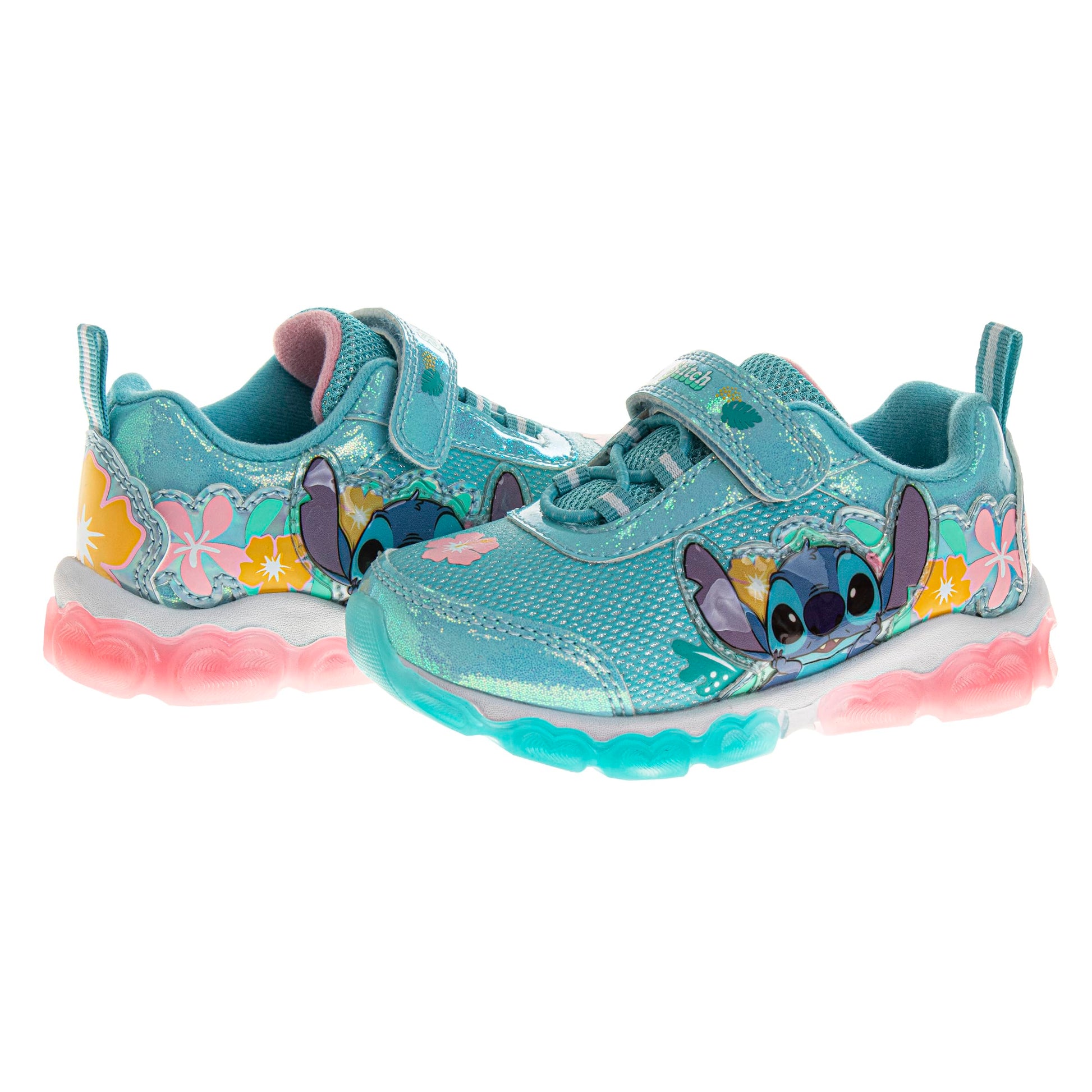 Disney Lilo & Stitch LED Light up Shoes for Kids - Slip on Laceless Lightweight Breathable Tennis Runner Sneakers - Pink Blue Multi (Size Toddler - Little Kids)