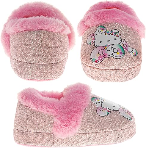 Josmo Hello Kitty slippers for Kids Girls - Kitty White indoor cute house shoes plush fuzzy Cat slipper - White Fuchsia (Toddler - Little Kid - Big Kid)