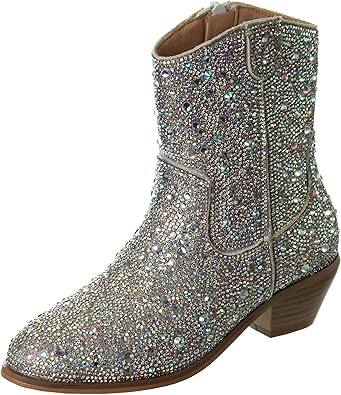 Botas vaqueras con diamantes de imitación para niñas de Badgley Mischka - Botas vaqueras sin cordones con tacón de fiesta para niñas - Negras (talla 13 para niñas pequeñas)