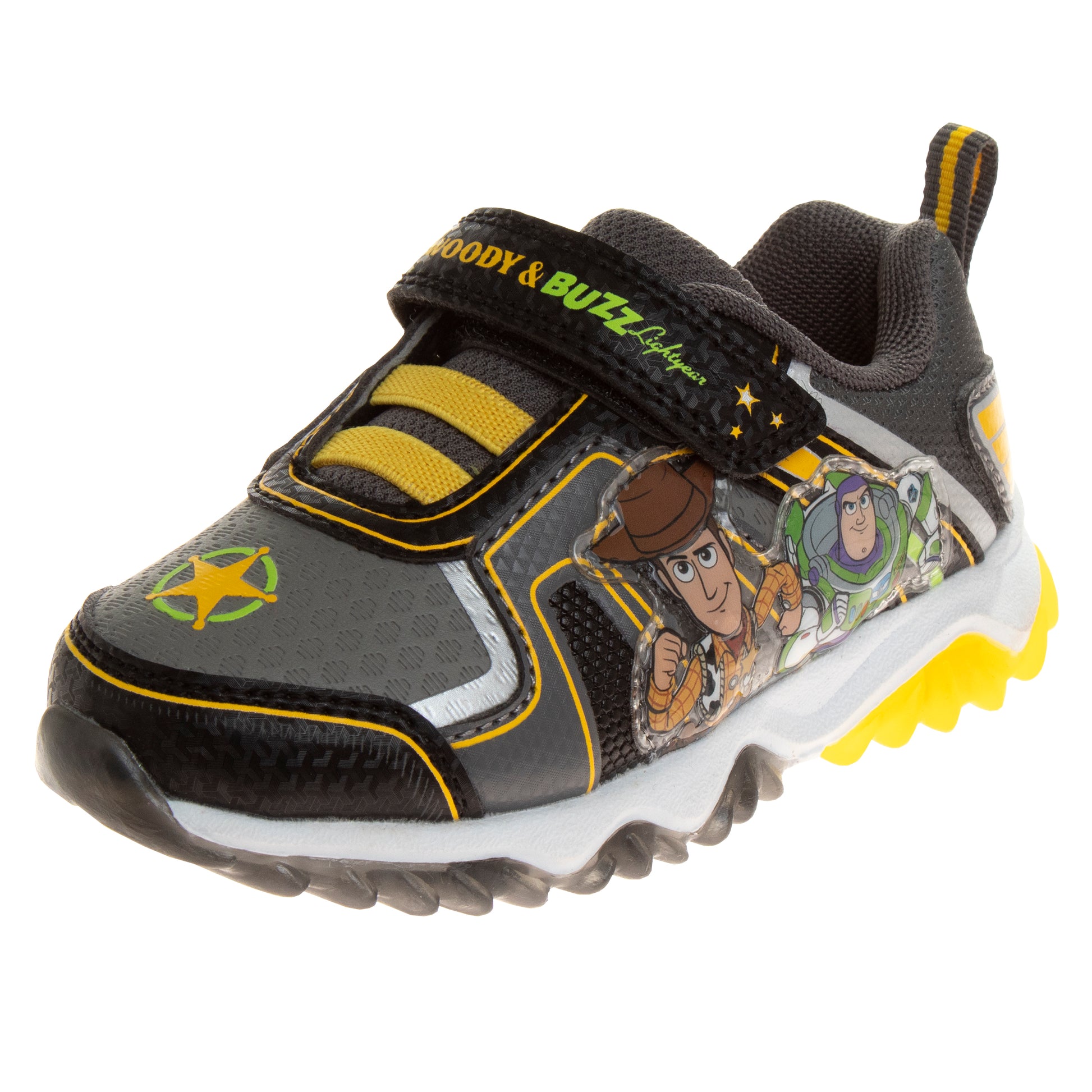 Zapatillas de tenis para niños de Toy Story de Disney Pixar, sin cordones, con luces y personajes de Buzz Lightyear y Woody (para niños pequeños) (negro, amarillo, verde y azul)