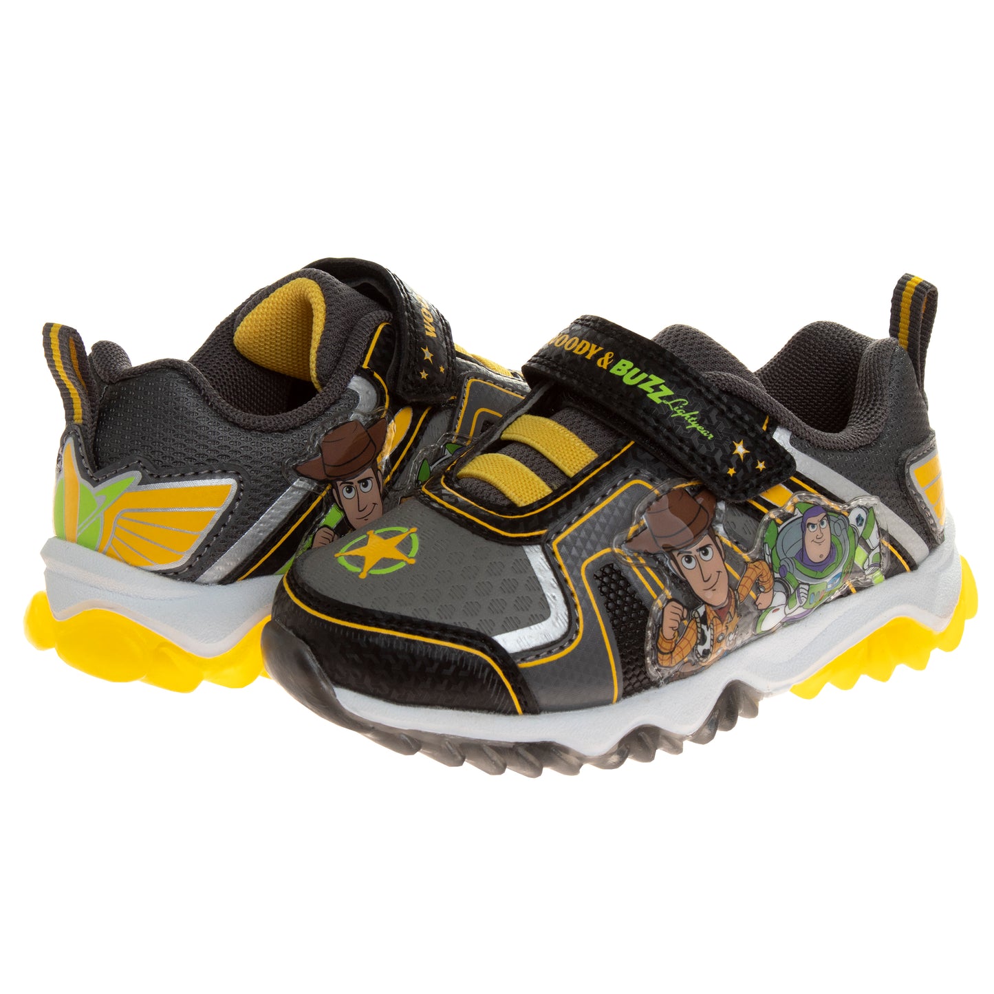 Disney Pixar Boys Toy Story Shoes - Kids Buzz Lightyear and Woody Laceless Light-Up Boys Toddler Character Tennis Sport Athletic Sneakers (Toddler/Little Kid) (Black/Yellow/Green/Blue)