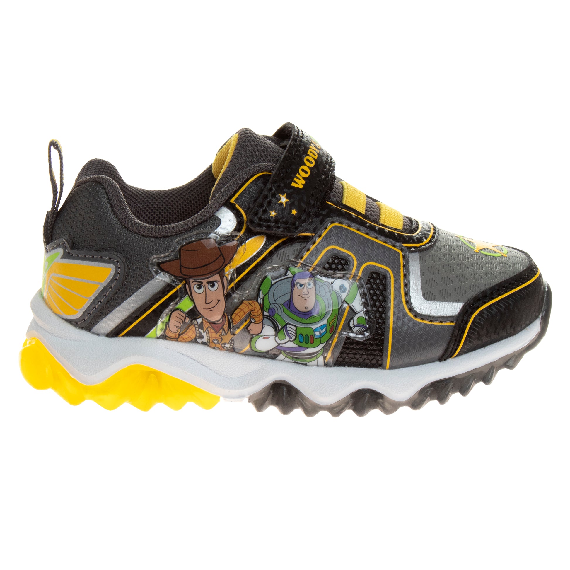 Zapatillas de tenis para niños de Toy Story de Disney Pixar, sin cordones, con luces y personajes de Buzz Lightyear y Woody (para niños pequeños) (negro, amarillo, verde y azul)