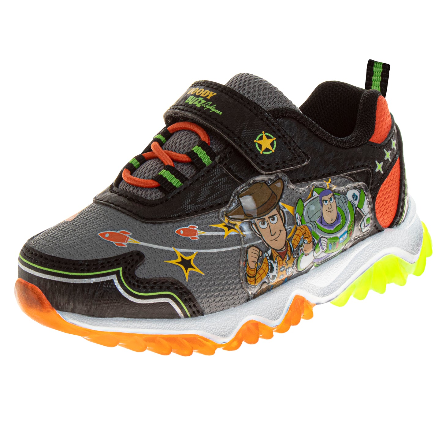 Zapatillas de tenis para niños de Toy Story de Disney Pixar, sin cordones, con luces y personajes de Buzz Lightyear y Woody (para niños pequeños) (negro, amarillo, verde y azul)