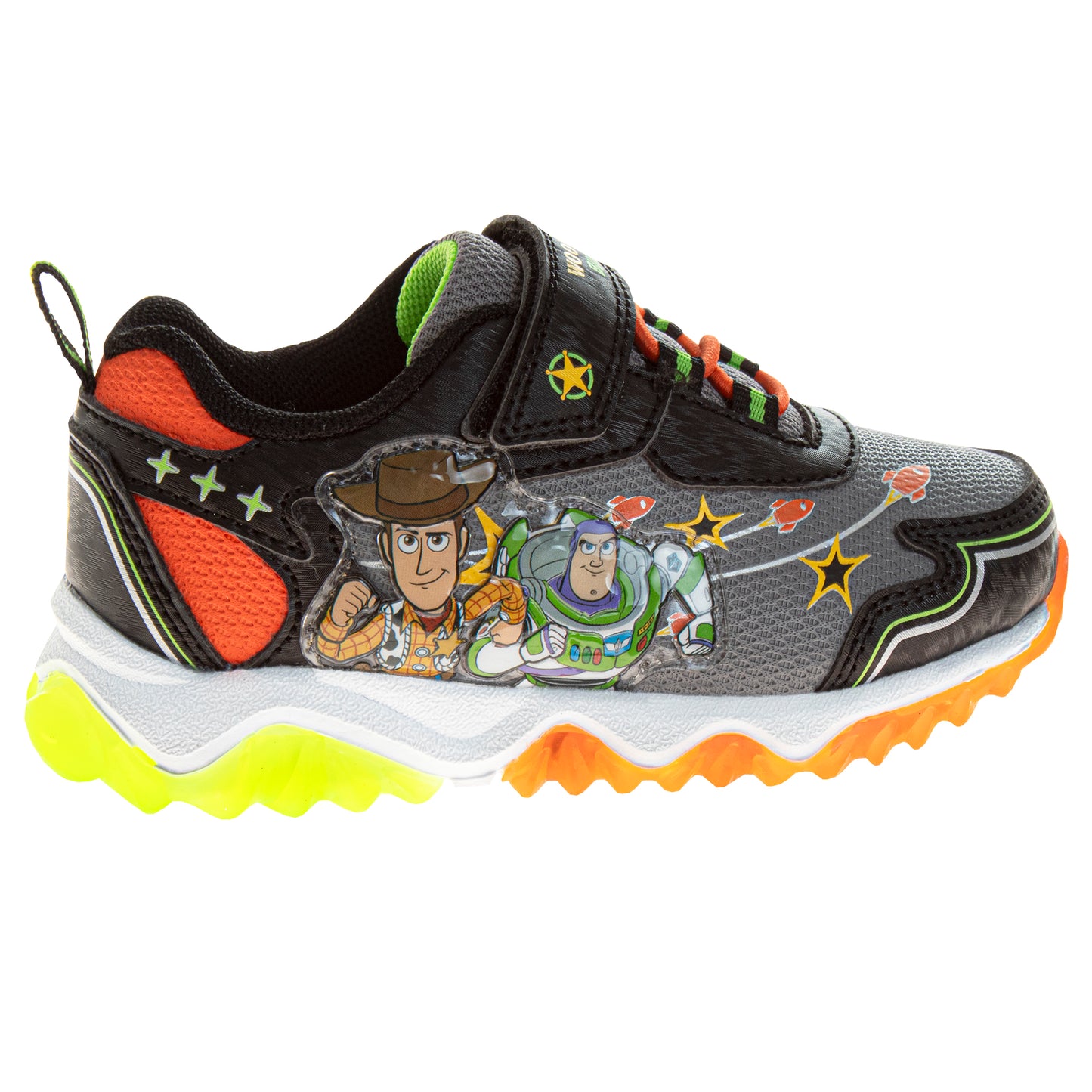 Zapatillas de tenis para niños de Toy Story de Disney Pixar, sin cordones, con luces y personajes de Buzz Lightyear y Woody (para niños pequeños) (negro, amarillo, verde y azul)