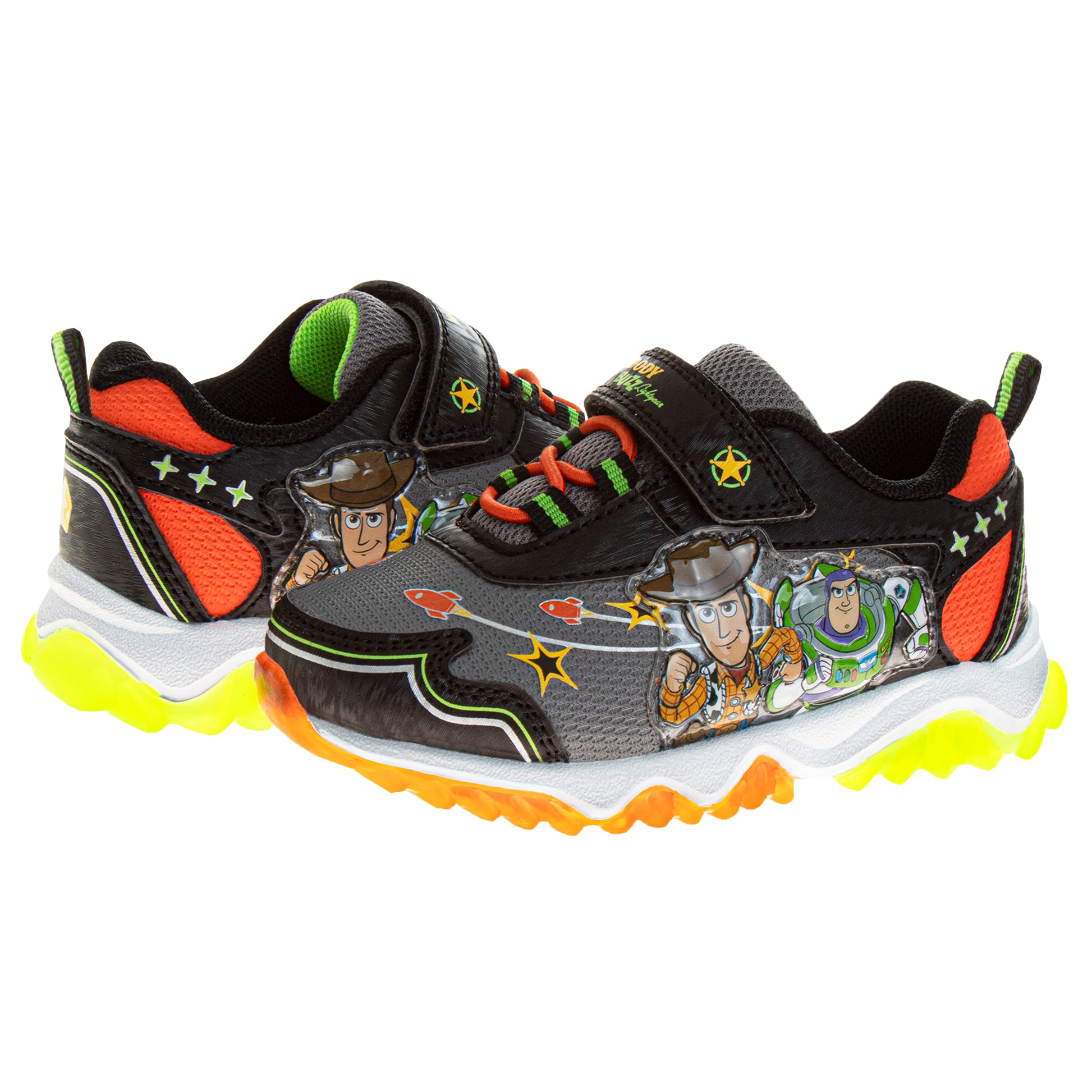 Zapatillas de tenis para niños de Toy Story de Disney Pixar, sin cordones, con luces y personajes de Buzz Lightyear y Woody (para niños pequeños) (negro, amarillo, verde y azul)