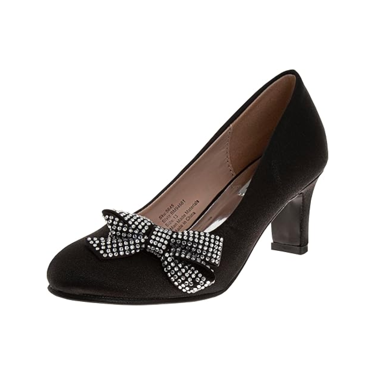 Zapatos de tacón de punta cerrada con lazo de Badgley Mischka: zapatos de vestir de tacón de moda con diamantes de imitación para niñas, color negro (talla 12 para niñas pequeñas)