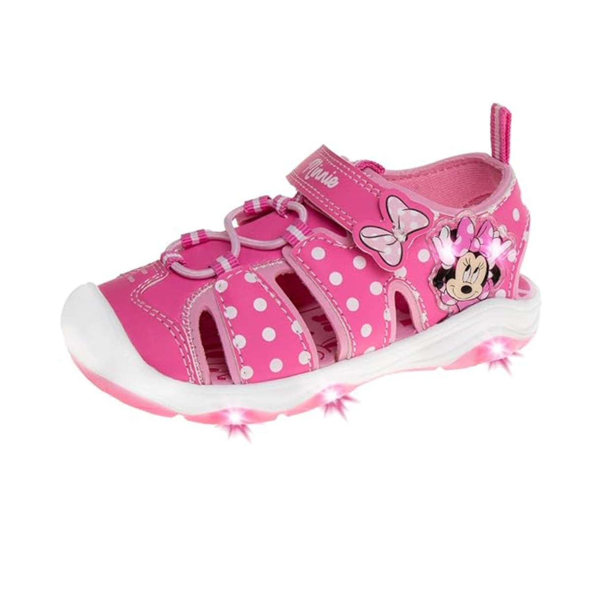 Disney Girls Minnie Mouse Sandals LED Light Up Water Shoes - Closed Toe SlipOn Waterproof Adjustable Strap Character Slides - Pink Glitter (Toddler - Little Kid)