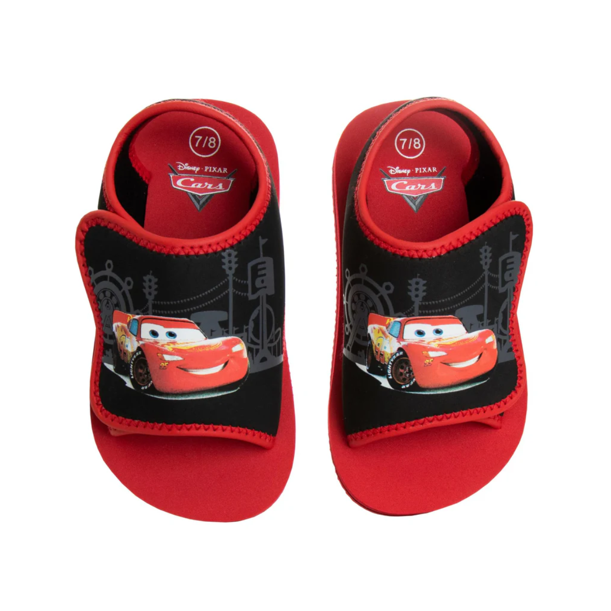 Josmo Cars Sandals Open Toe Adjustable Straps Waterproof Slides - Lightning McQueen Character Slip On Water Shoes - Black Red (Toddler - Little Kid)